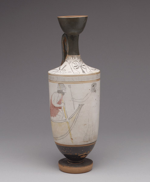 Hermes geleitet einen jung Verstorbenen in Richtung von Charons Boot, dem Fährmann der Unterwelt. Terracotta-Ölgefäß, ca. 450 vor Christus. Public Domain